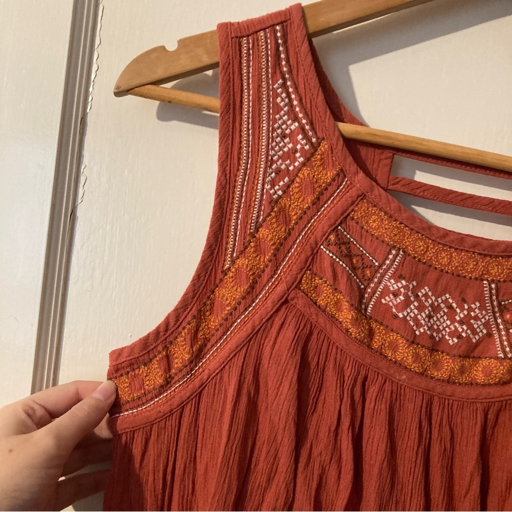 VINTAGE Faded Glory Boho Embroidered Burnt Orange Sleeveless Midi Sun Dress S4/6
